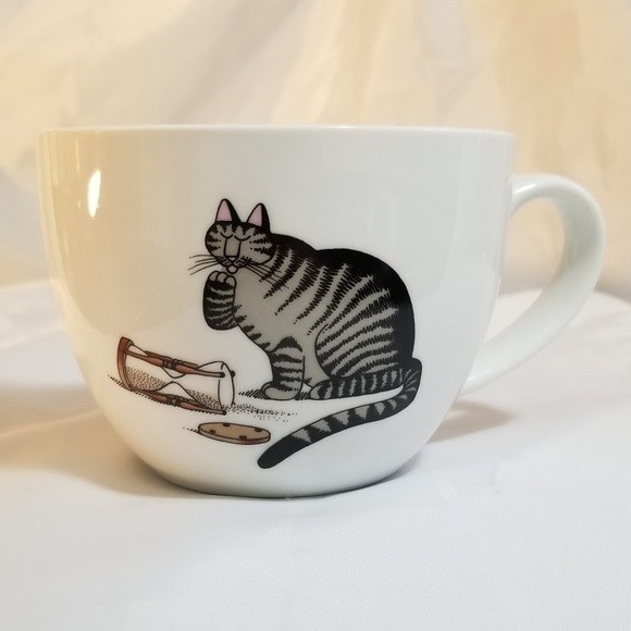 Unique Kliban Style Cat with Hourglass Coffee Mug - White 17oz Graphic Tea Cup - Picture 1 of 5